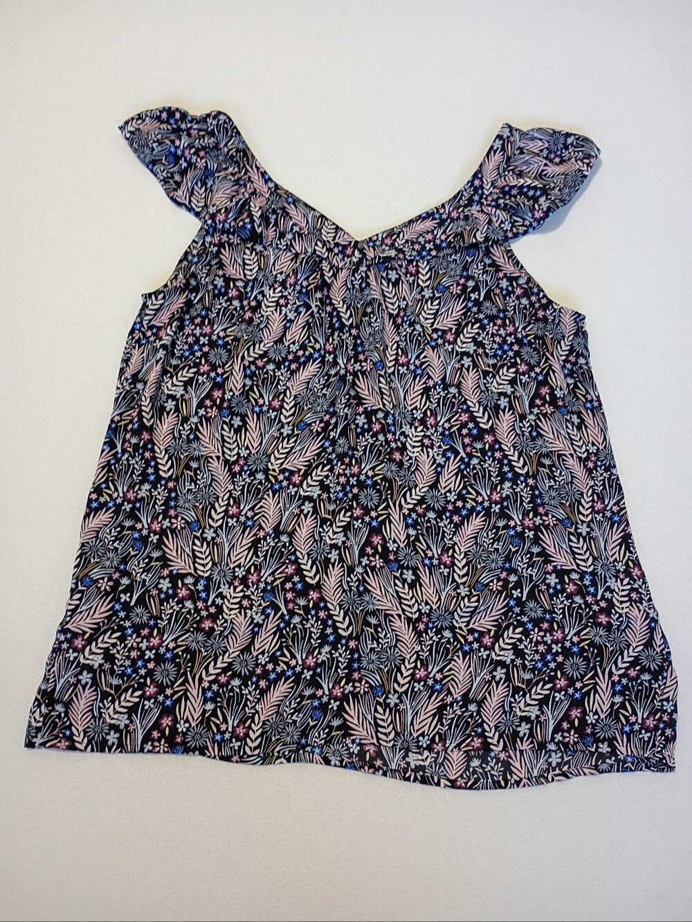 LOFT Size S Summer Meadow Print Ruffle Shoulder Tank Top Sheer Blouse Black Pink